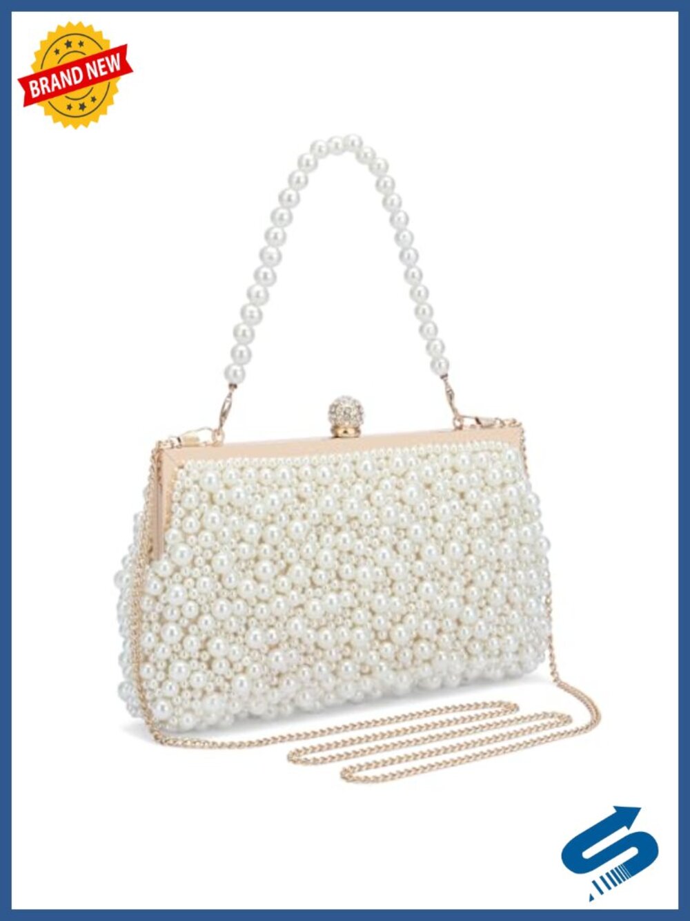 Pearl Clutch Bag with Crystal Beads and Detachable Chain, Evening Bag